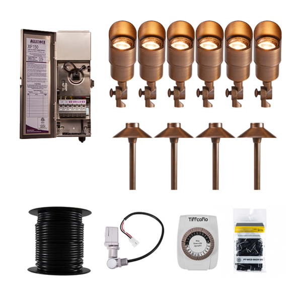 Alliance 10 Piece BL115 & AL150 LED Landscape Lighting Kit, Brass, Photocell (AL-BT-10-KIT-WIRE)