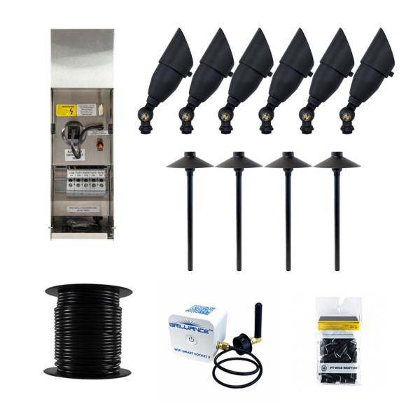 Brilliance Black Diamond 10 Piece LED Landscape Lighting Kit, Black Brass Finish, Wi-Fi Smart Socket, 100' 12 Wire Reel, & 20 Wire Connectors (BRI-KIT-10)