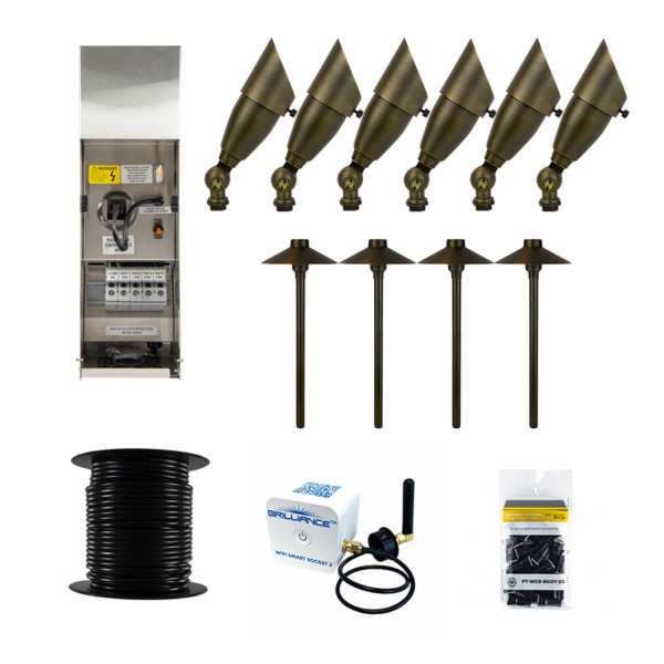 Brilliance Bronze Diamond 10 Piece LED Landscape Lighting Kit, Bronze Brass Finish, Wi-Fi Smart Socket, 100' 12 Wire Reel, & 20 Wire Connectors (BRI-KIT-BZ-10)