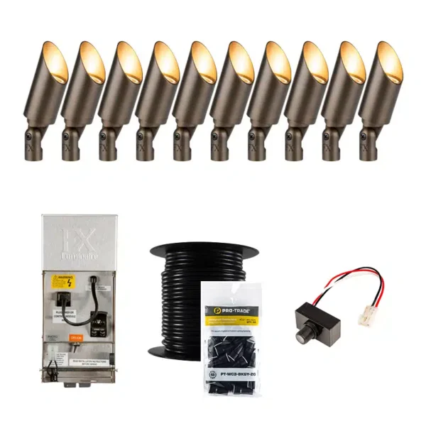 FX Luminaire Cora 10 Piece CA-51 Landscape Lighting Accent Up Light Kit, Brass Finish, Photocell (FX-10-KIT-CA-PC-WIRE)