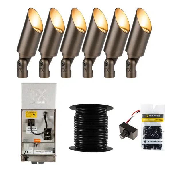 FX Luminaire Cora 6 Piece CA-51 Landscape Lighting Accent Up Light Kit, Brass Finish, Photocell (FX-6-KIT-CA-PC-WIRE)