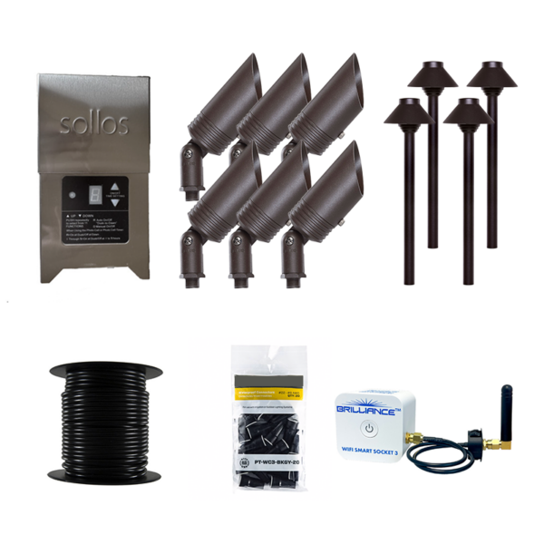 Sollos 10 Piece Bronze BCB065 Up Light, PSH040 Path Light, 150W TR15SS1 Transformer, 100' 16/2 Wire with Bluetooth Control (SL-TZ-10-BT-KIT)