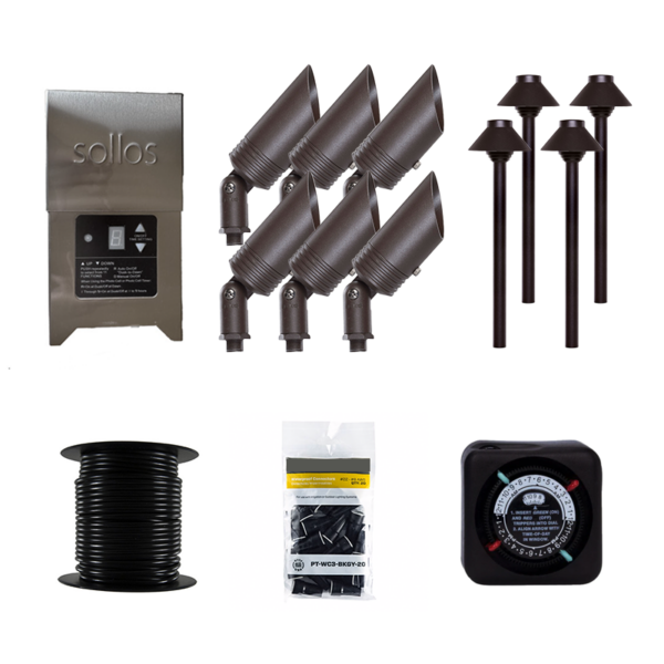 Sollos 10 Piece Bronze BCB065 Up Light, PSH040 Path Light, 150W TR15SS1 Transformer, 100' 16/2 Wire (SL-TZ-10-KIT)