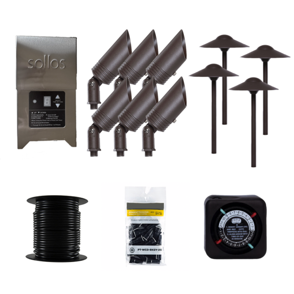 Sollos 10 Piece Bronze BCB065 Up Light, PDO083 Path Light, 150W TR15SS1 Transformer, 100' 16/2 Wire (SL-TZ-10-KIT2)