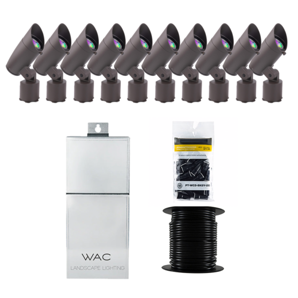 WAC Lighting 10 Piece Accent Colorscaping RGBTW Smart Lighting Kit, Bronze Aluminum, Bluetooth/Wi-Fi Control, 100' 12/2 Wire Reel, & 20 Wire Connectors (WAC-RGBTW-KIT10-C)