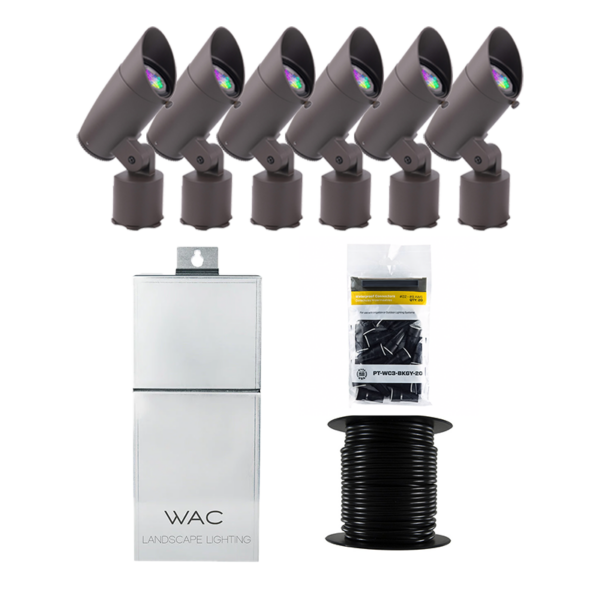 WAC Lighting 6 Piece Accent Colorscaping RGBTW Smart Lighting Kit, Bronze Aluminum, Bluetooth/Wi-Fi Control, 100' 12/2 Wire Reel, & 20 Wire Connectors (WAC-RGBTW-KIT6-B)