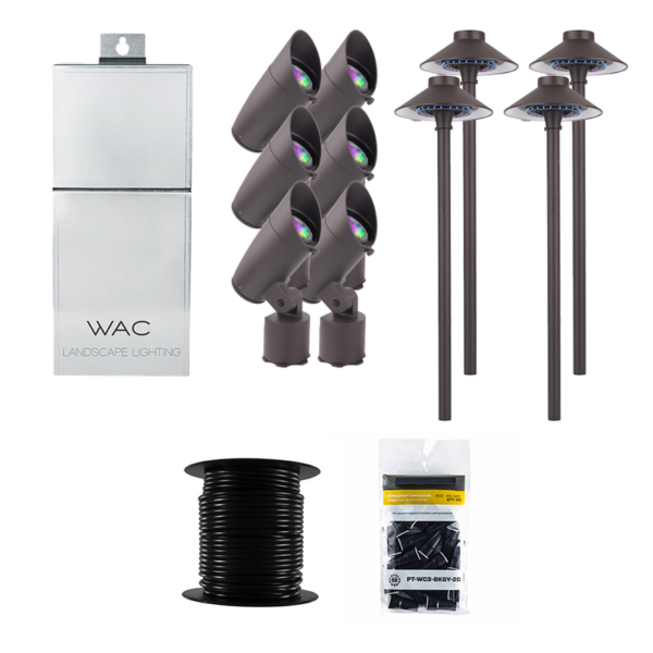 WAC Lighting 10 Piece Accent/Tiki Path Colorscaping RGBTW Smart Lighting Kit, Bronze Aluminum, Bluetooth/Wi-Fi Control, 100' 12/2 Wire Reel, & 20 Wire Connectors (WAC-RGBTW-KIT10-A)